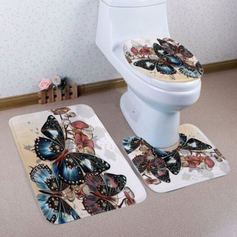 Butterfly Pattern Coral Velvet Toilet Seat Cover Mat 3Pcs / Set Multi