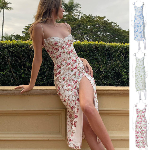 Dresses Lace Flowers Print Long Dress With Slit For Women In Summer Fashion Clothing