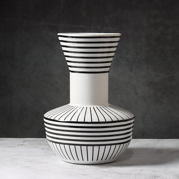 Geometric Black White Striped Ceramic Vase Decor Vases