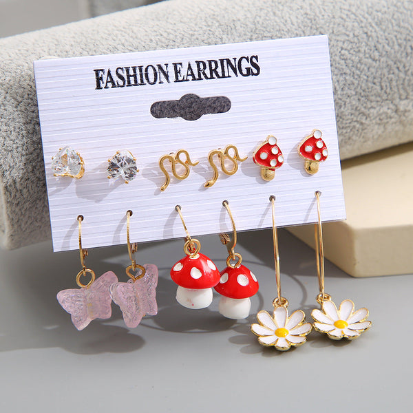 Veile Studios 6 Pairs Creative Flower Mushroom Butterfly Snake Drop Earrings
