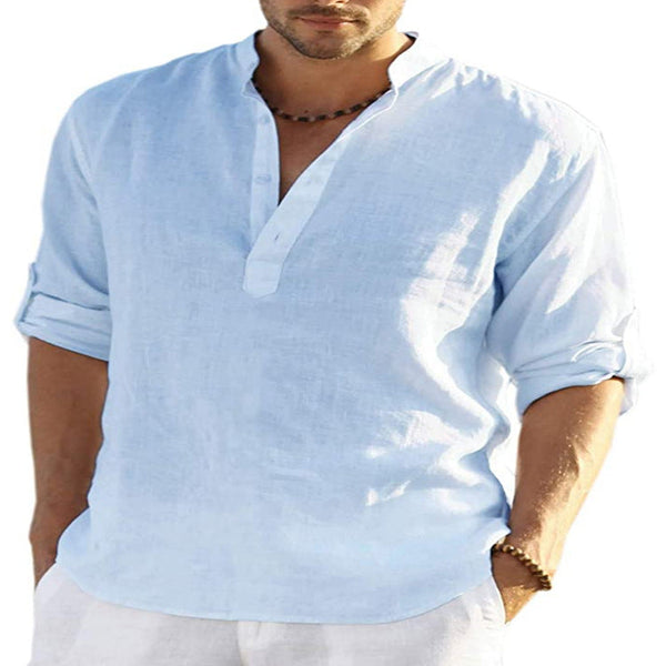 Men's Casual Cotton Linen Solid Color Long Sleeve Shirt Loose Stand Collar Casual Shirts