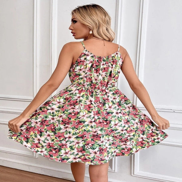 Dresses Floral Print Suspender Dress With Elastic Waist Design For Women Summer