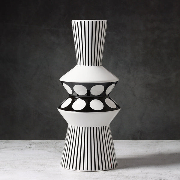 Geometric Black White Striped Ceramic Vase Decor Vases