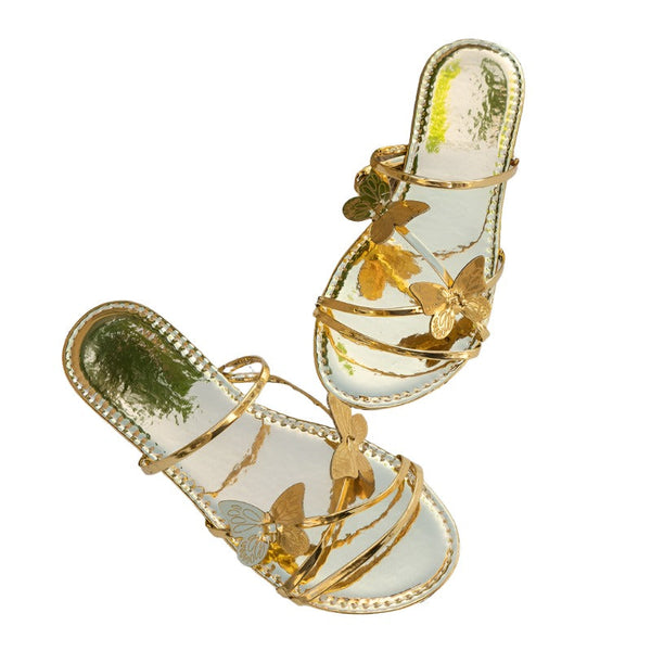 Fashion Butterfly Cross Strap Sandals For Women Casual Low Heel Flat Slides Flats