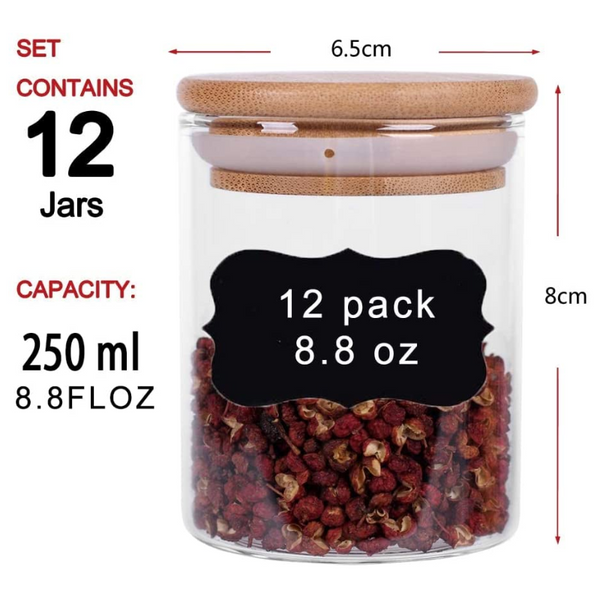 12 Pieces Glass Spice Jars For Kitchen Canisters With Airtight Bamboo Lids And Labels (250 Ml)
