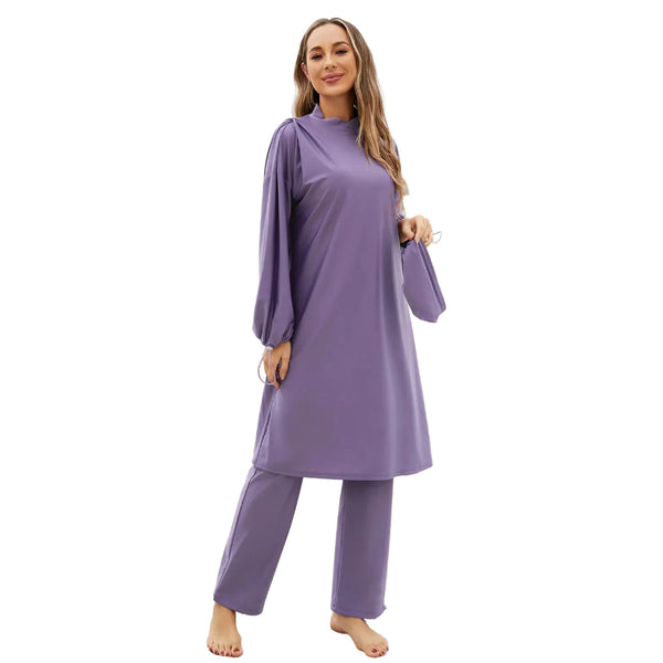 Cap Drawstring Mock Neck Long Sleeve Top And Pants Swim Set Swimwear