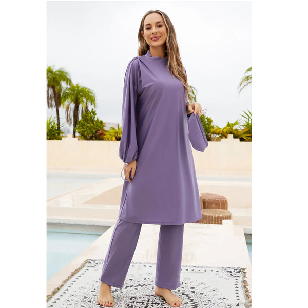 Cap Drawstring Mock Neck Long Sleeve Top And Pants Swim Set Swimwear