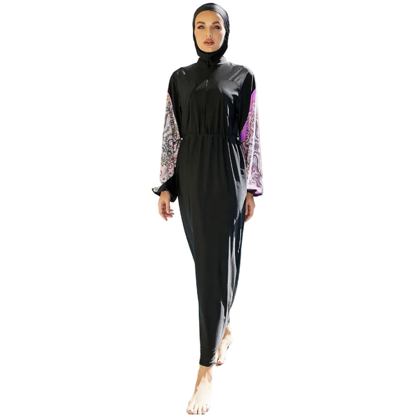 Cap Drawstring Printed Long Sleeve Dress And Pants Swim Set Swimwear