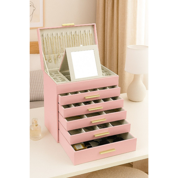 Carla Home 6 Layer Large Jewelry Organizer Box For Women With Mirror Drawers Hooks & Dividers Rings Necklaces Bracelets Ideal Gift (Pink) Jewellery Ho