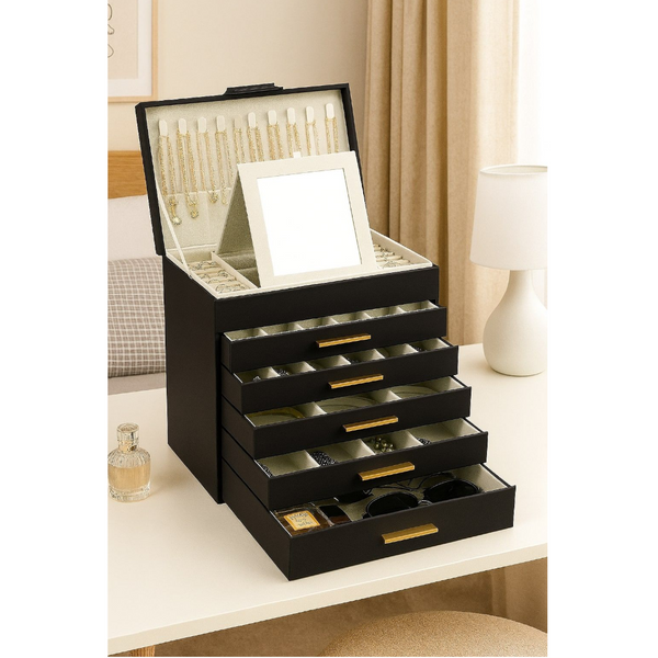 Carla Home6 Layer Large Jewelry Organizer Box For Women With Mirror Drawers Hooks & Dividers For Rings Necklaces Bracelets Ideal Gift For Women (Black