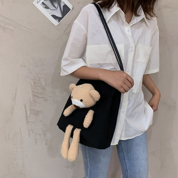 Cartoon Cute Bear Canvas Bag Portable Shopping Ladies Crossbody Bags Women Eco Tote Travel Shoulder Cloth Handbag