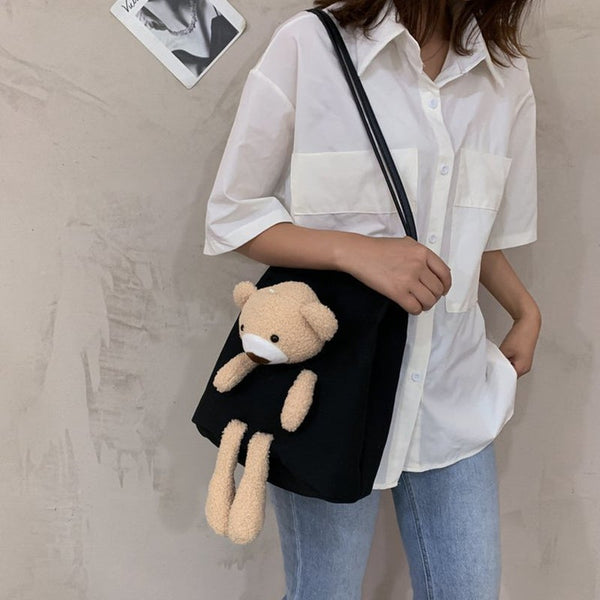 Cartoon Cute Bear Canvas Bag Portable Shopping Ladies Crossbody Bags Women Eco Tote Travel Shoulder Cloth Handbag Women's Bags & Handbags