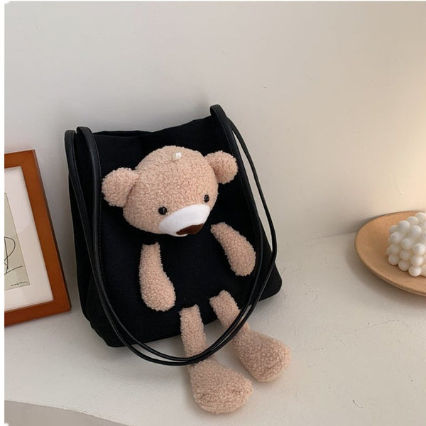 Cartoon Cute Bear Canvas Bag Portable Shopping Ladies Crossbody Bags Women Eco Tote Travel Shoulder Cloth Handbag Women's Bags & Handbags