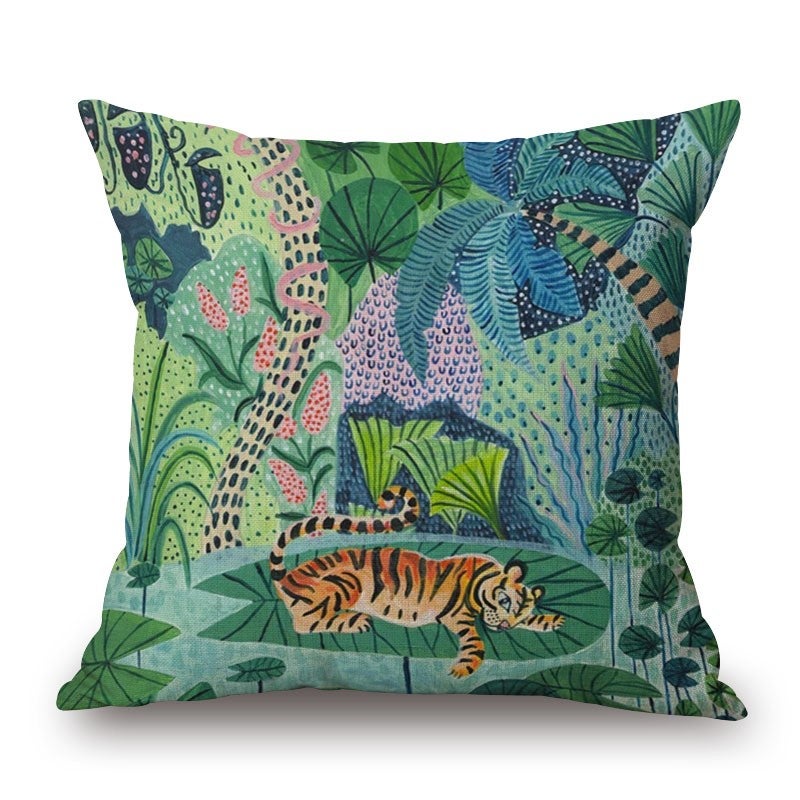 Cartoon Rainforest Tiger On Cotton Linen Pillow Cover Cushions & Decorative Pillows