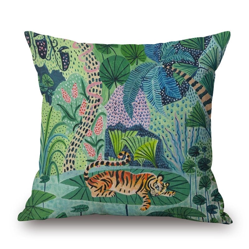 Cartoon Rainforest A Tiger On Cotton Linen Pillow Cover
