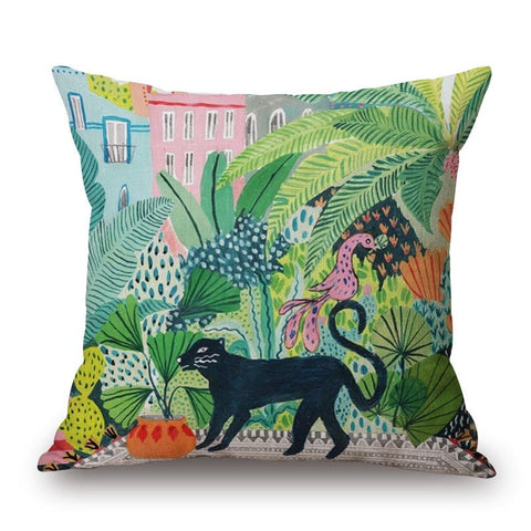 Cartoon Rainforest Black Panther On Cotton Linen Pillow Cover Cushions & Decorative Pillows