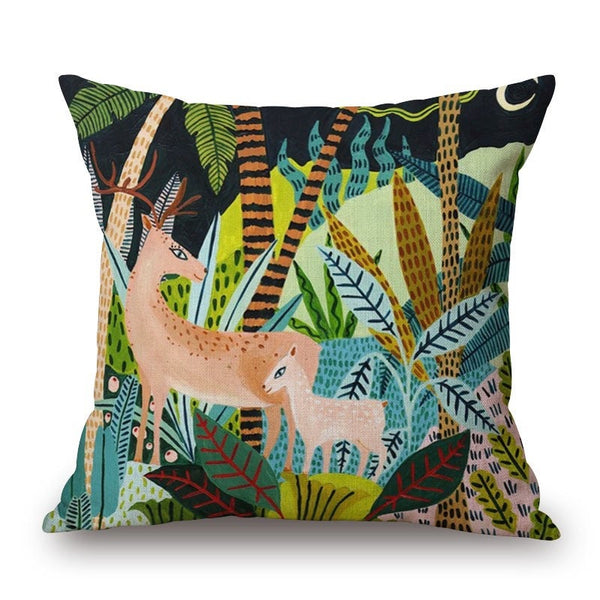 Cartoon Rainforest Deers On Cotton Linen Pillow Cover Cushions & Decorative Pillows