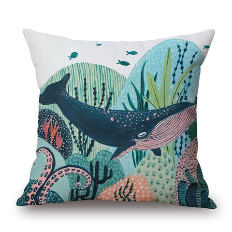 Cartoon Rainforest Whales On Cotton Linen Pillow Cover