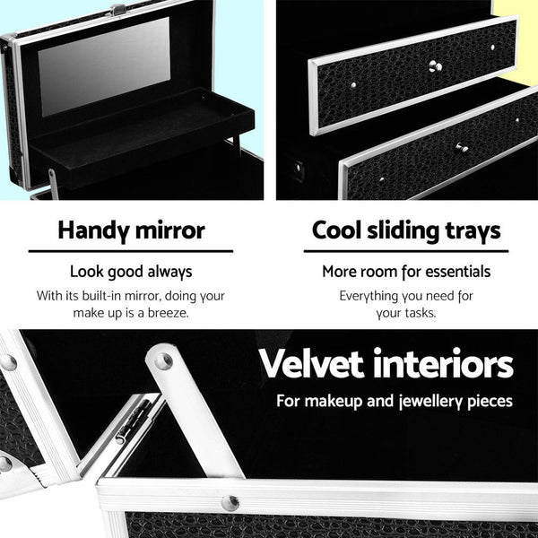 Embellir Cosmetic Beauty Makeup Carry Case With Mirror Crocodile Black Makeup Bags & Cases