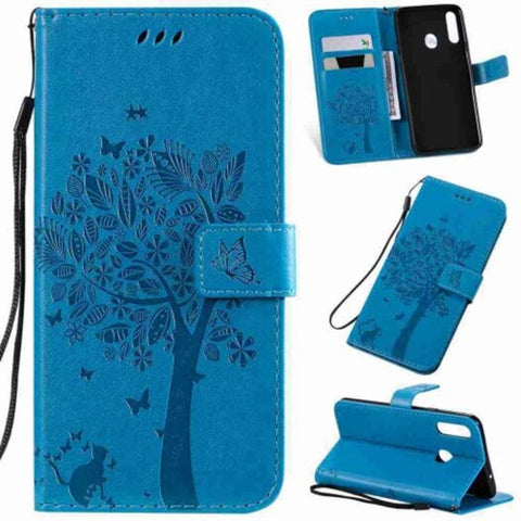 Cat And Tree Embossing Pu Phone Case For Samsung Galaxy A20s Blue
