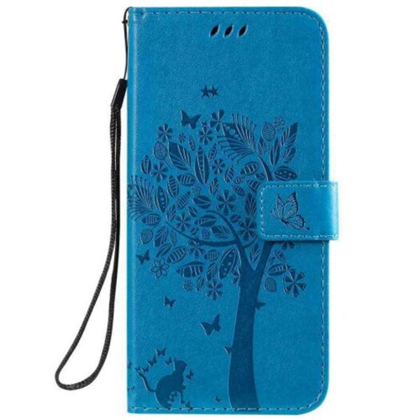 Cat And Tree Embossing Pu Phone Case For Samsung Galaxy A20s Blue
