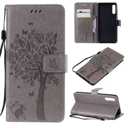 Cat And Tree Embossing Pu Phone Case For Samsung Galaxy A50 / A50s A30s Gray