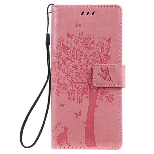 Cat And Tree Embossing Pu Phone Case For Samsung Galaxy Note 10 Pink