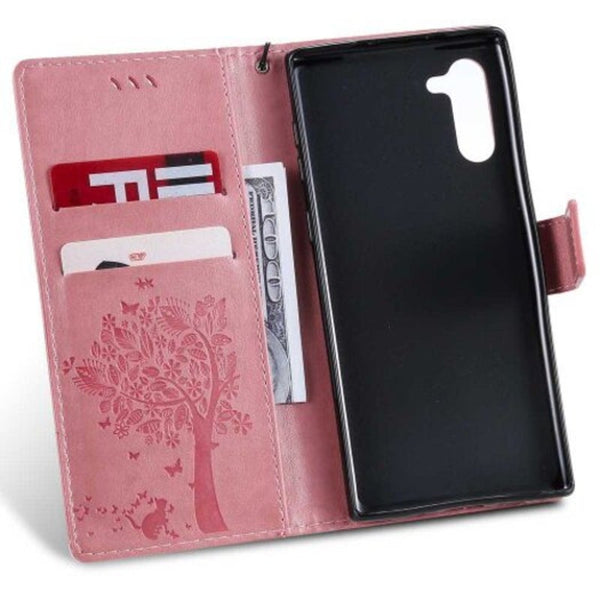Cat And Tree Embossing Pu Phone Case For Samsung Galaxy Note 10 Pink
