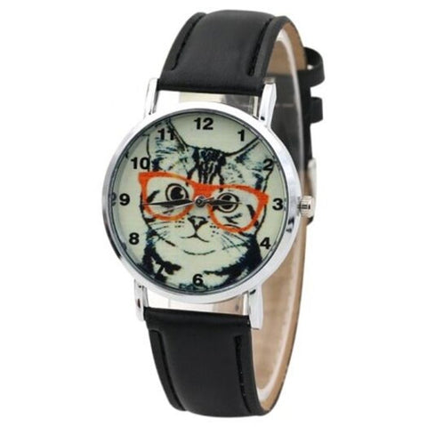 Cat In Glasses Number Analog Watch Black