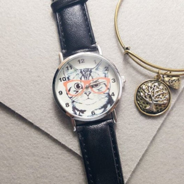 Veile Studios Cat In Glasses Number Analog Watch Black Watches