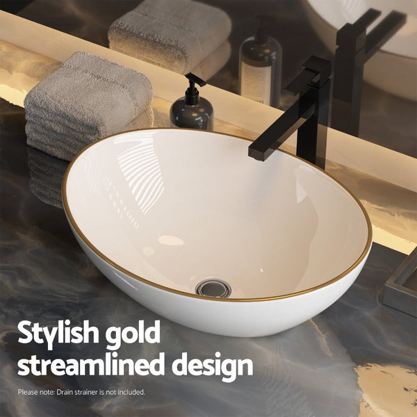 Cefito Bathroom Basin Ceramic Vanity Sink Hand Wash Bowl Gold Line 41X34cm Bathroom Sinks