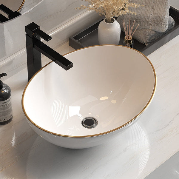 Cefito Bathroom Basin Ceramic Vanity Sink Hand Wash Bowl Gold Line 41X34cm Bathroom Sinks