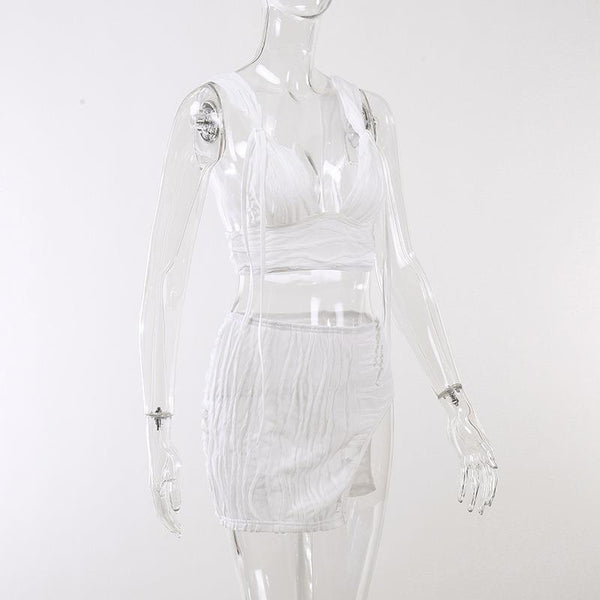 White Pleated Mini Skirt Crop Top Set Women Outfits & Sets
