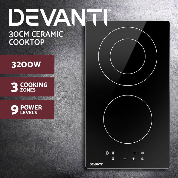 Devanti Electric Ceramic Cooktop 30Cm Kitchen Cooker Top Hob Touch Control 3 Zones Cooktops