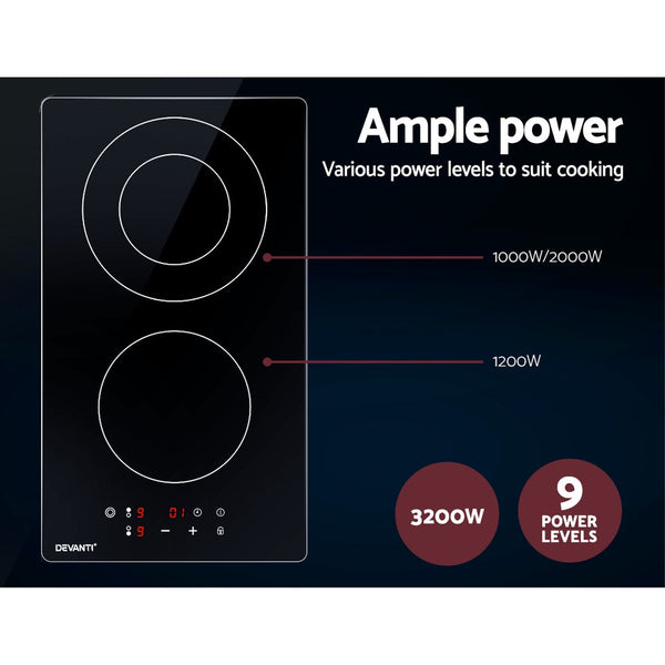 Devanti Electric Ceramic Cooktop 30Cm Kitchen Cooker Top Hob Touch Control 3 Zones Cooktops