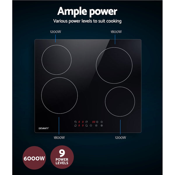 Devanti Ceramic Cooktop 60Cm Electric Cooker 4 Burner Stove Hob Touch Control Cooktops