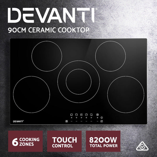 Devanti 90Cm Ceramic Cooktop Electric Top 5 Burner Stove Hob Touch Control 6-Zones