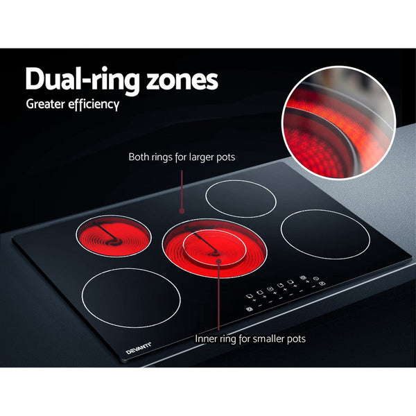Devanti 90Cm Ceramic Cooktop Electric Top 5 Burner Stove Hob Touch Control 6 Zones Cooktops