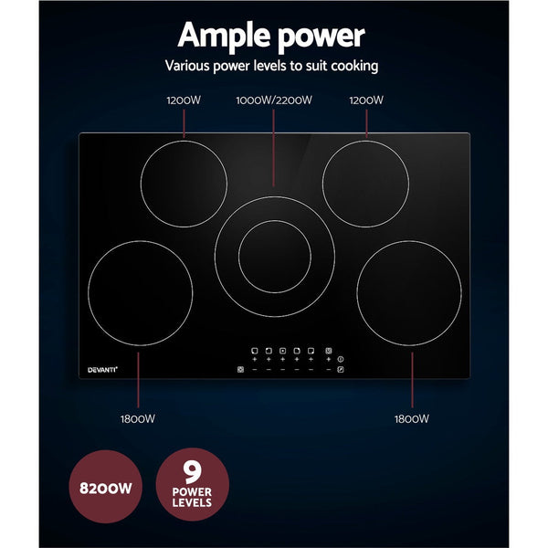 Devanti 90Cm Ceramic Cooktop Electric Top 5 Burner Stove Hob Touch Control 6 Zones Cooktops