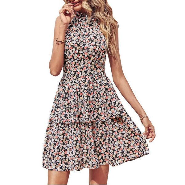 Summer Printed Halter Dress Boho Backless Ruffled A Line Beach For Women Dresses