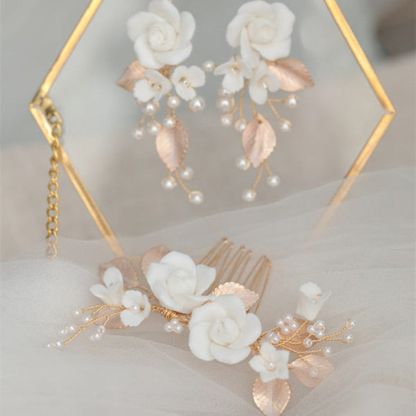 Handmade Ceramic White Flower Earrings Hair Comb Bridal Piece Rose Gold