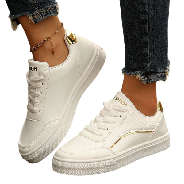 Lace Up White Shoes Round Toe Slip On Thick Sole Casual For Women Flats