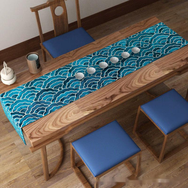 Modern Coastal Blue Wave Dining Table Runner Decor Table Runners