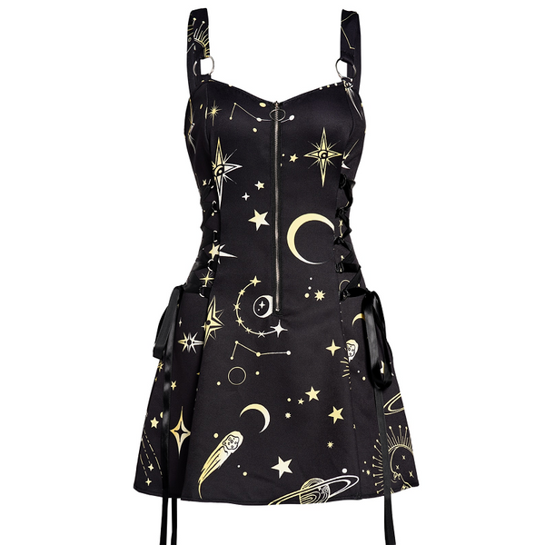Celestial Sun Moon Print Lace Up Mini Dress Summer Gothic Women Square Neck Witch Dresses