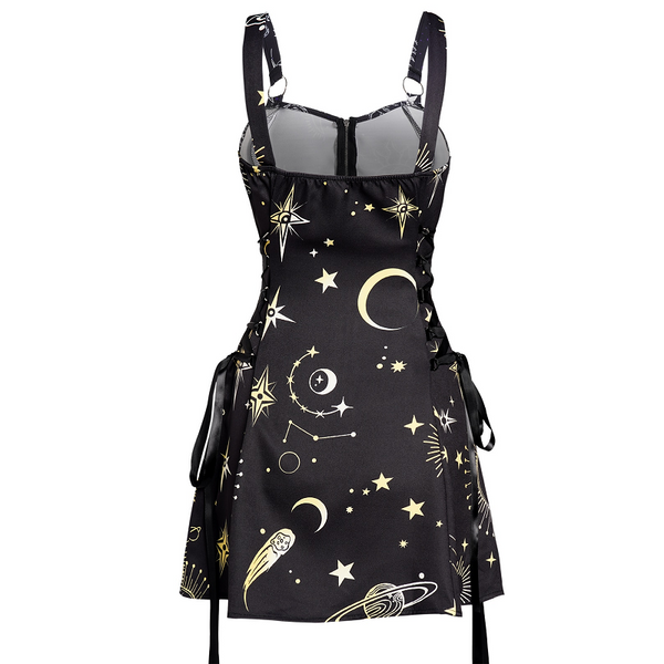 Celestial Sun Moon Print Lace Up Mini Dress Summer Gothic Women Square Neck Witch Dresses