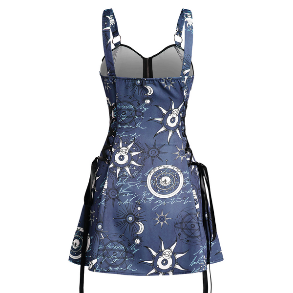 Celestial Sun Moon Print Lace Up Mini Dress Summer Gothic Women Square Neck Witch Dresses