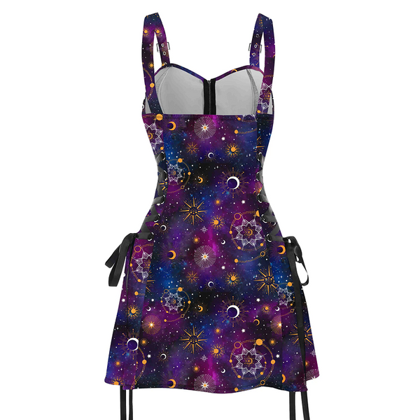Celestial Sun Moon Print Lace Up Mini Dress Summer Gothic Women Square Neck Witch Dresses
