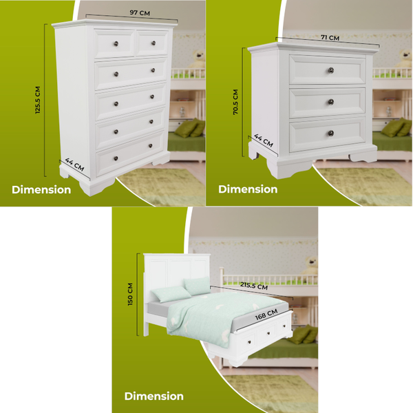 Celosia 4Pc Queen Bed Frame Bedroom Suite Timber Bedside Tallboy Package - White