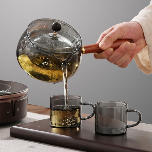 Semi Automatic Rotary Heat Resistant Glass Teapot With Infuser Handle Tea Infusers