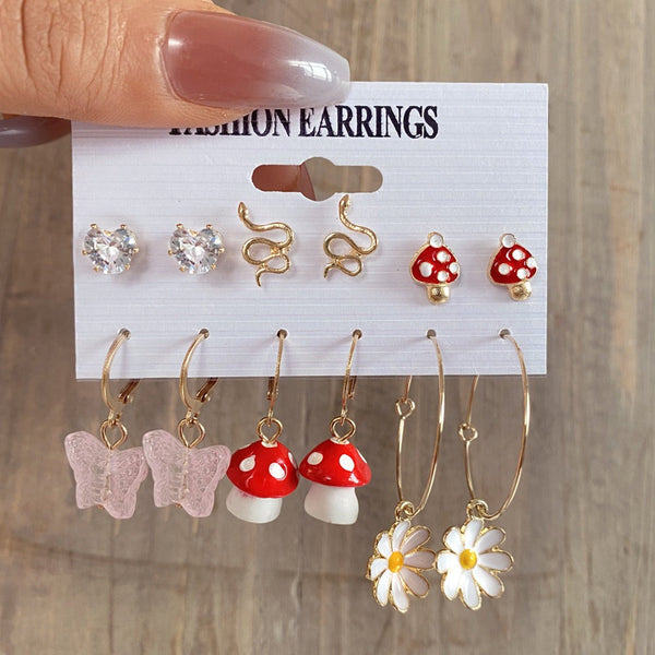 Veile Studios 6 Pairs Creative Flower Mushroom Butterfly Snake Drop Earrings